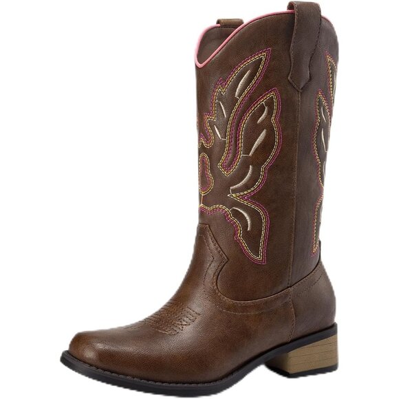 Shoes - Women's Pink Brown Mid Calf Square Toe Comfortable Pull On Heel Embroidery